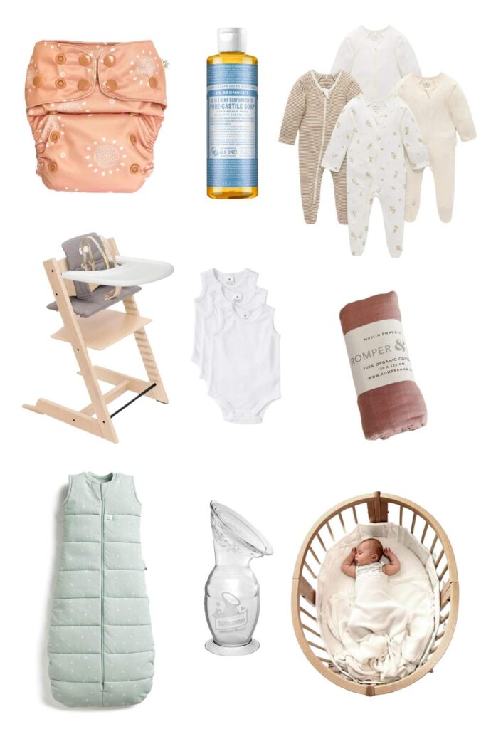 A selection of baby essentials product images: cloth nappy, baby wash, grow suits, high chair, swaddle, body suits, sleeping bag, haakka pump, cot
