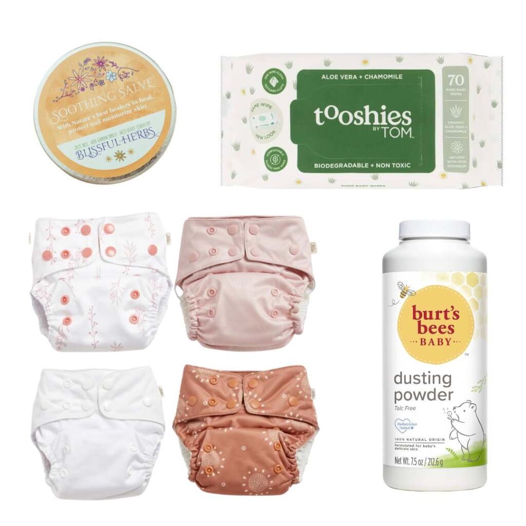 Baby essentials product images for nappy/diapers: nappy rash salve, baby wipes, cloth nappies, baby powder