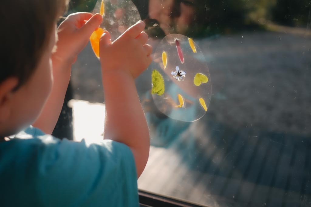 Toddler sticking small suncatchers to window