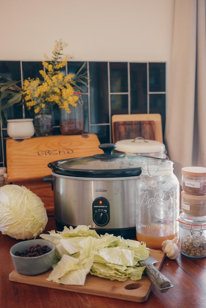 Kitchen arrangement for a slow cooker stew. Includes Napa cabbage, sultanas, bone broth, herbs, spices, and a slow cooker on the countertop.