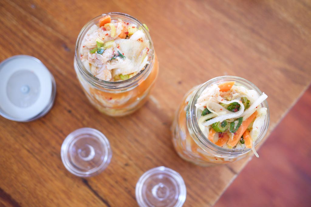 Kimchi in mason jars ready for fermenting