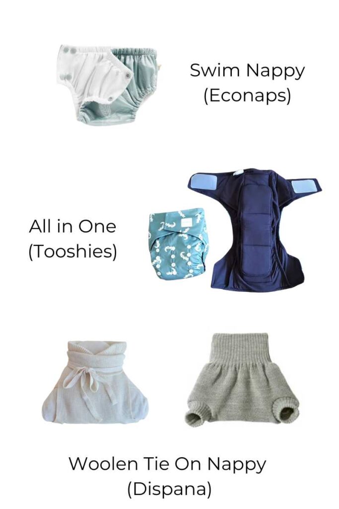 Graphic illustrating different types of cloth nappies: swim nappy, all in one and woolen tie on style